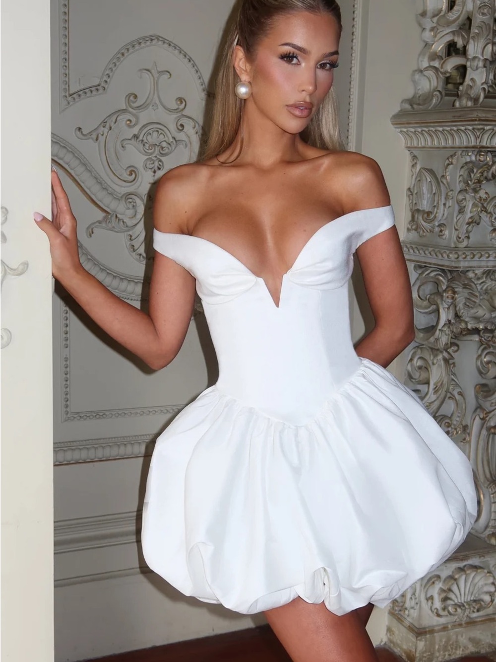 Strapless White Bubble-Hem Mini Dress